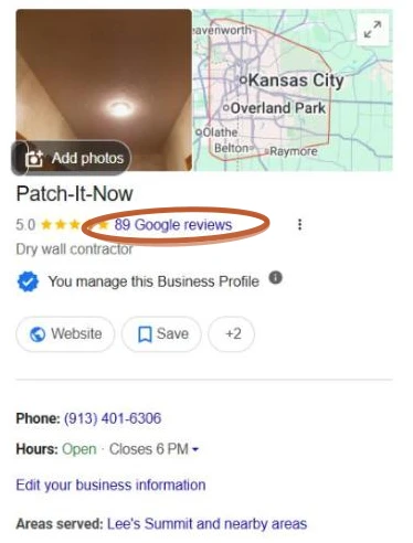 Google listing: Patch-It-Now, 5.0 stars, 89 Google reviews circled, verified profile