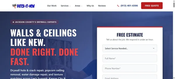 patchitnow.com — the drywall company's simple website, shown in a browser window